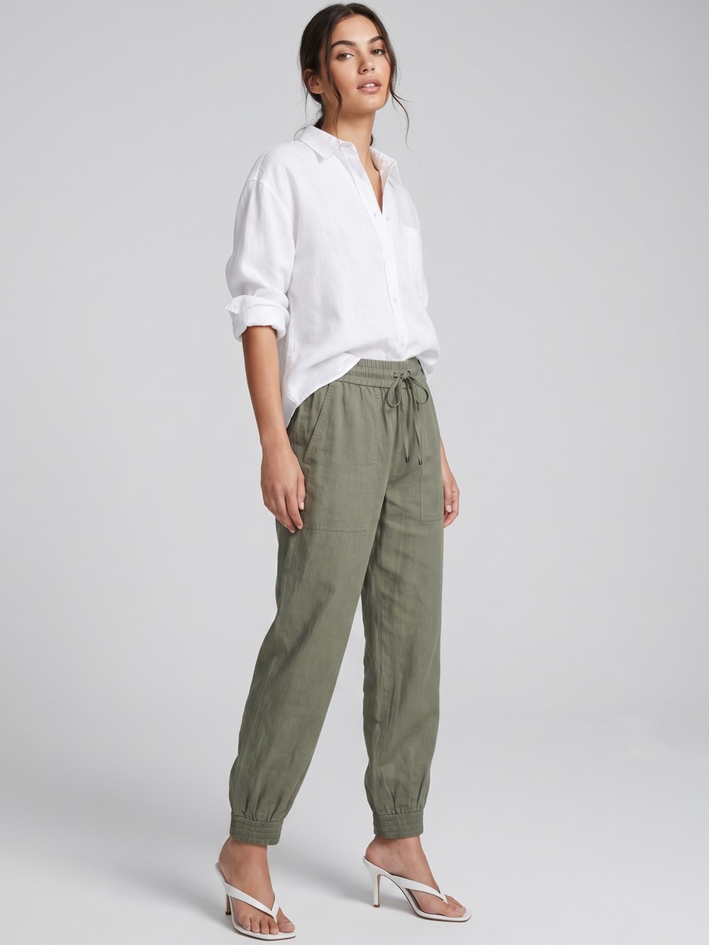 NEW Theory Linen Blend Joggers Pants Army Green Pull-on Drawstring Women's Sz 4